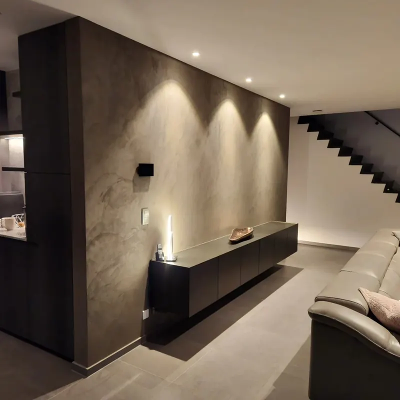 Leefruimte met donkere decoratieve wand en spotverlichting